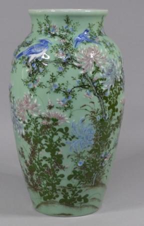 【古瀬戸焼】青磁色絵花鳥図文 - AAA+